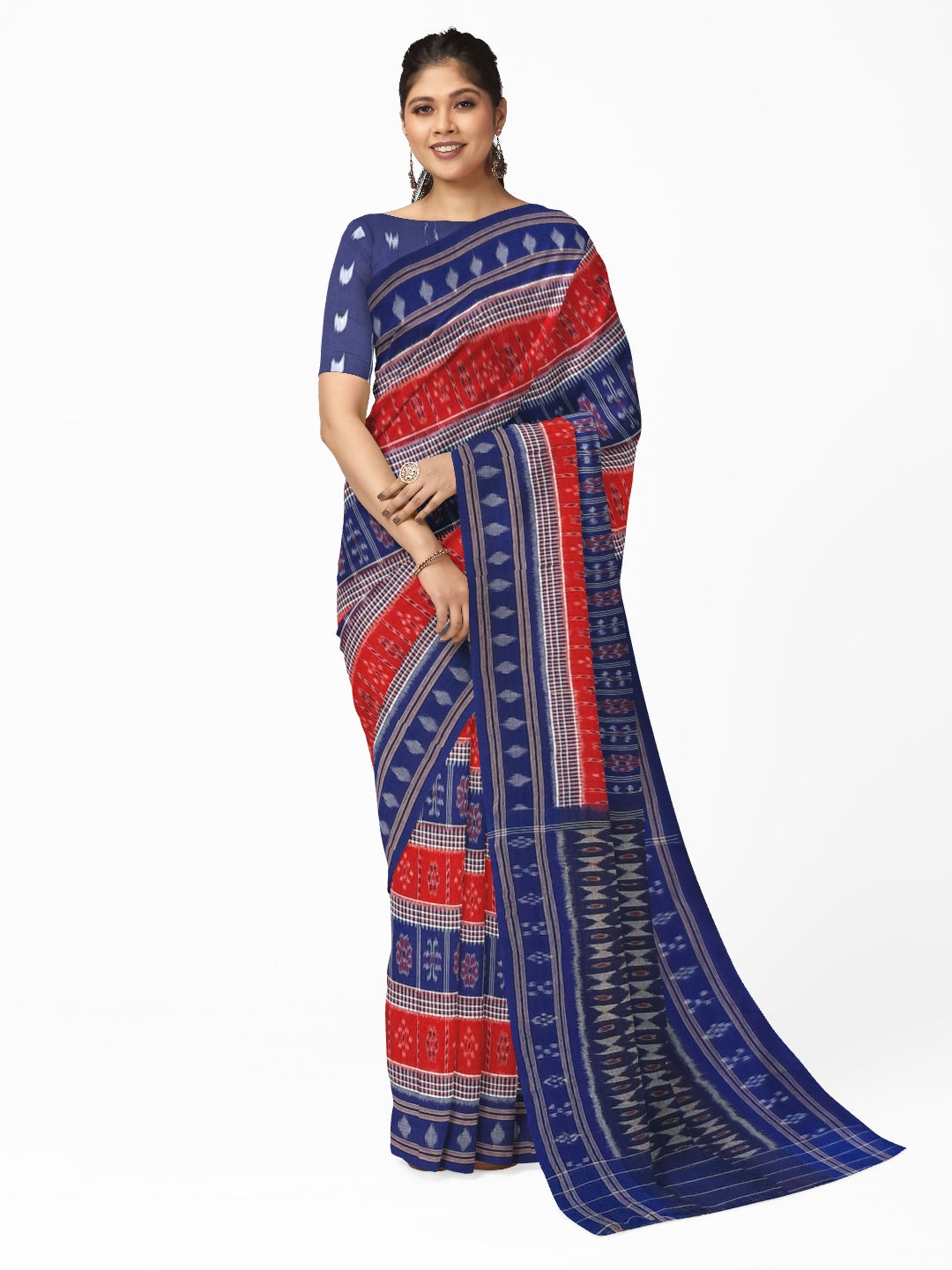 Blue Cotton Odisha Ikat saree with mix match cotton ikat blouse piece