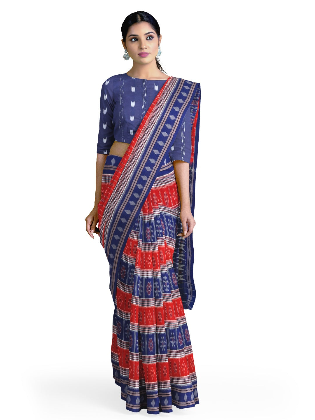 Blue Cotton Odisha Ikat saree with mix match cotton ikat blouse piece