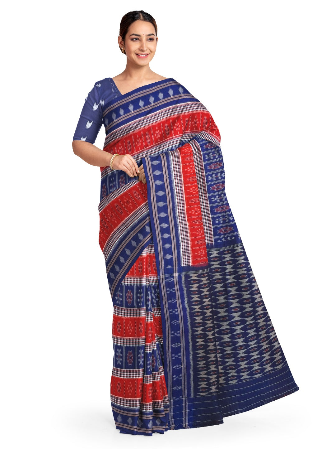 Blue Cotton Odisha Ikat saree with mix match cotton ikat blouse piece