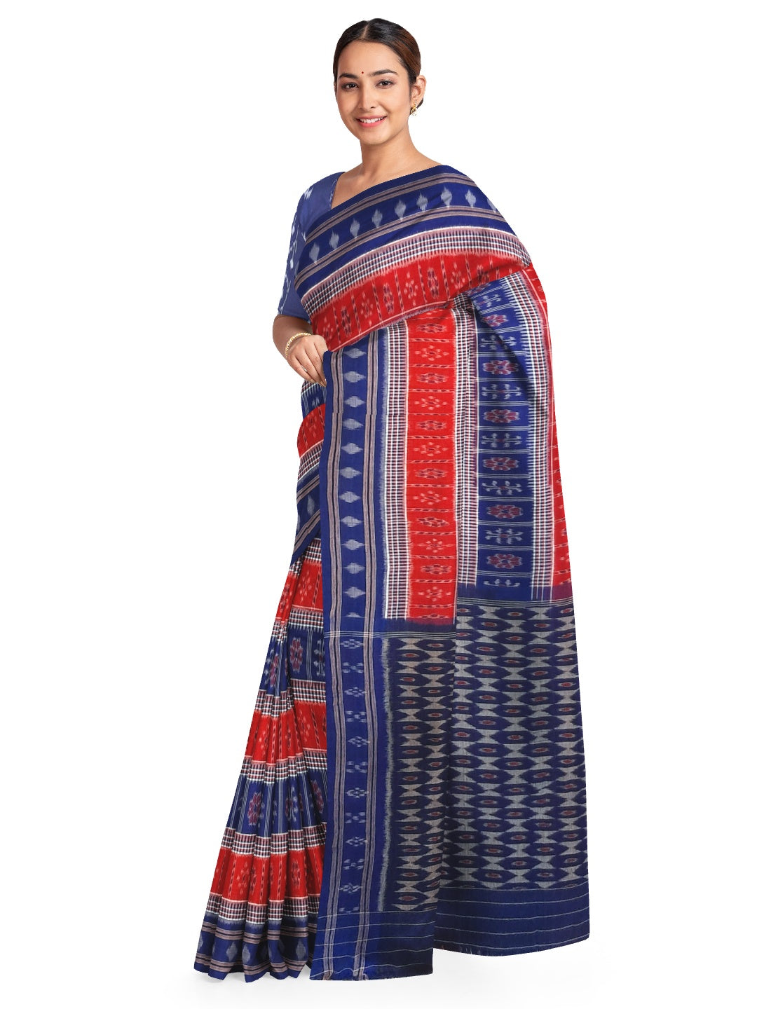 Blue Cotton Odisha Ikat saree with mix match cotton ikat blouse piece