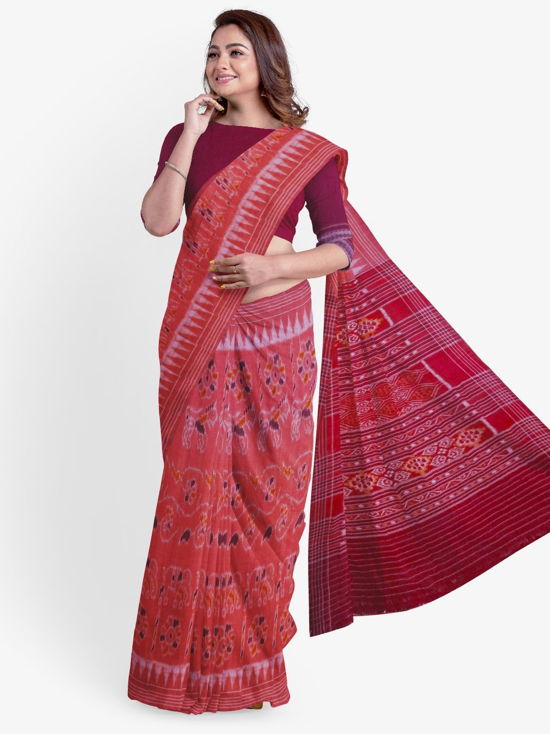 Pink with Maroon Cotton Odisha Ikat saree with mix match cotton ikat blouse piece