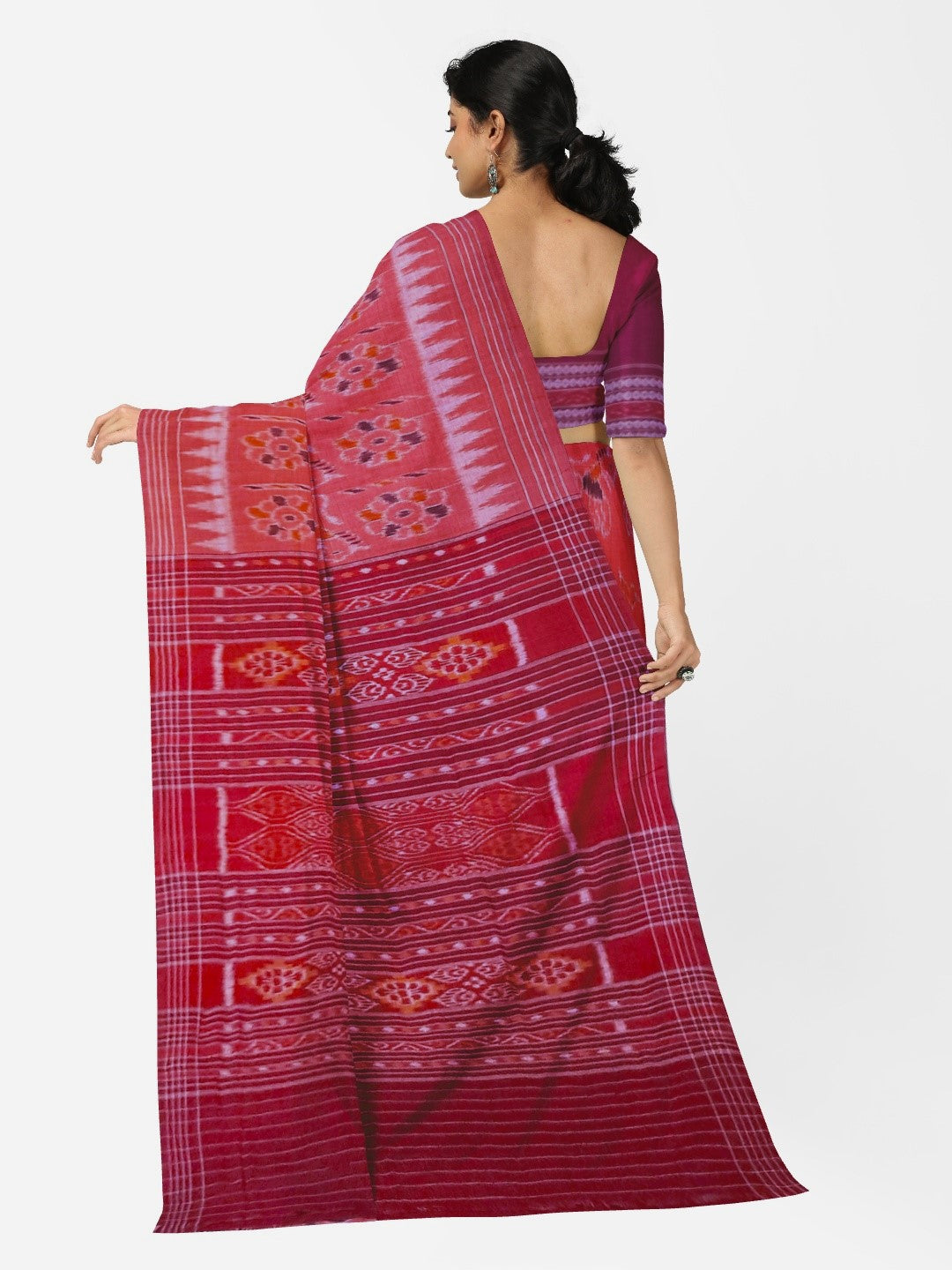Pink with Maroon Cotton Odisha Ikat saree with mix match cotton ikat blouse piece