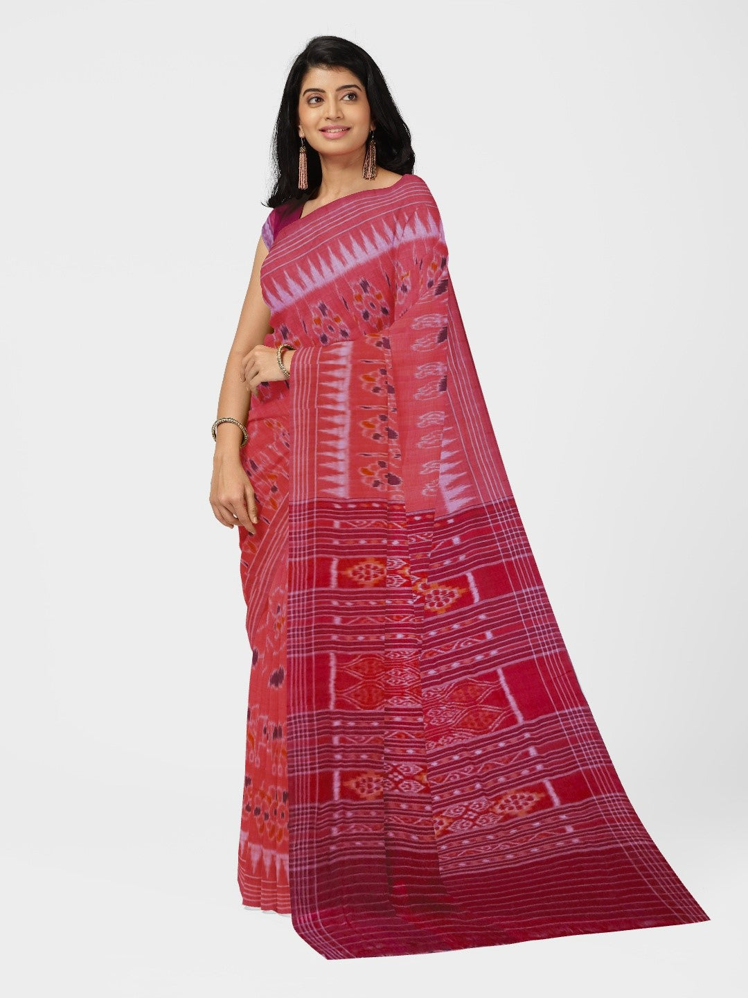 Pink with Maroon Cotton Odisha Ikat saree with mix match cotton ikat blouse piece