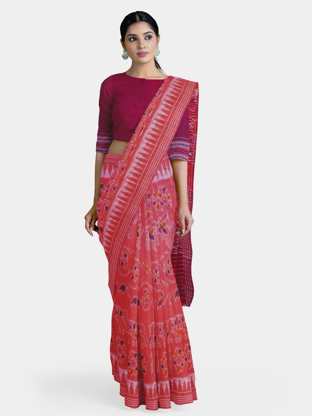 Pink with Maroon Cotton Odisha Ikat saree with mix match cotton ikat blouse piece