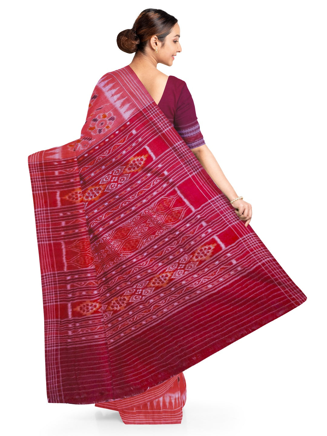 Pink with Maroon Cotton Odisha Ikat saree with mix match cotton ikat blouse piece