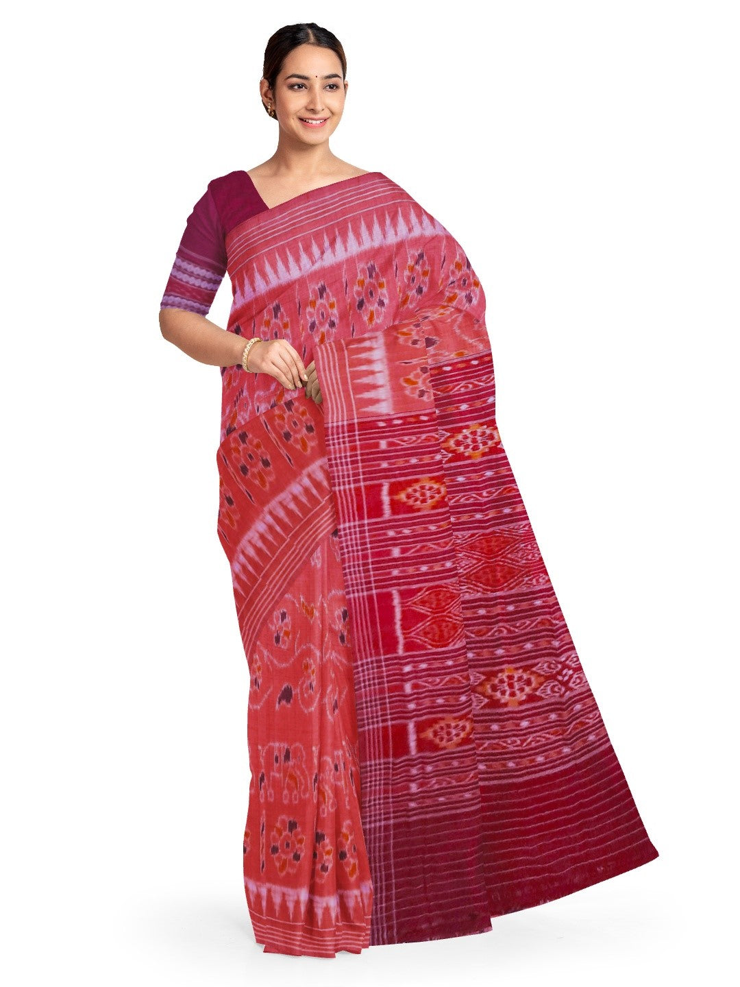 Pink with Maroon Cotton Odisha Ikat saree with mix match cotton ikat blouse piece