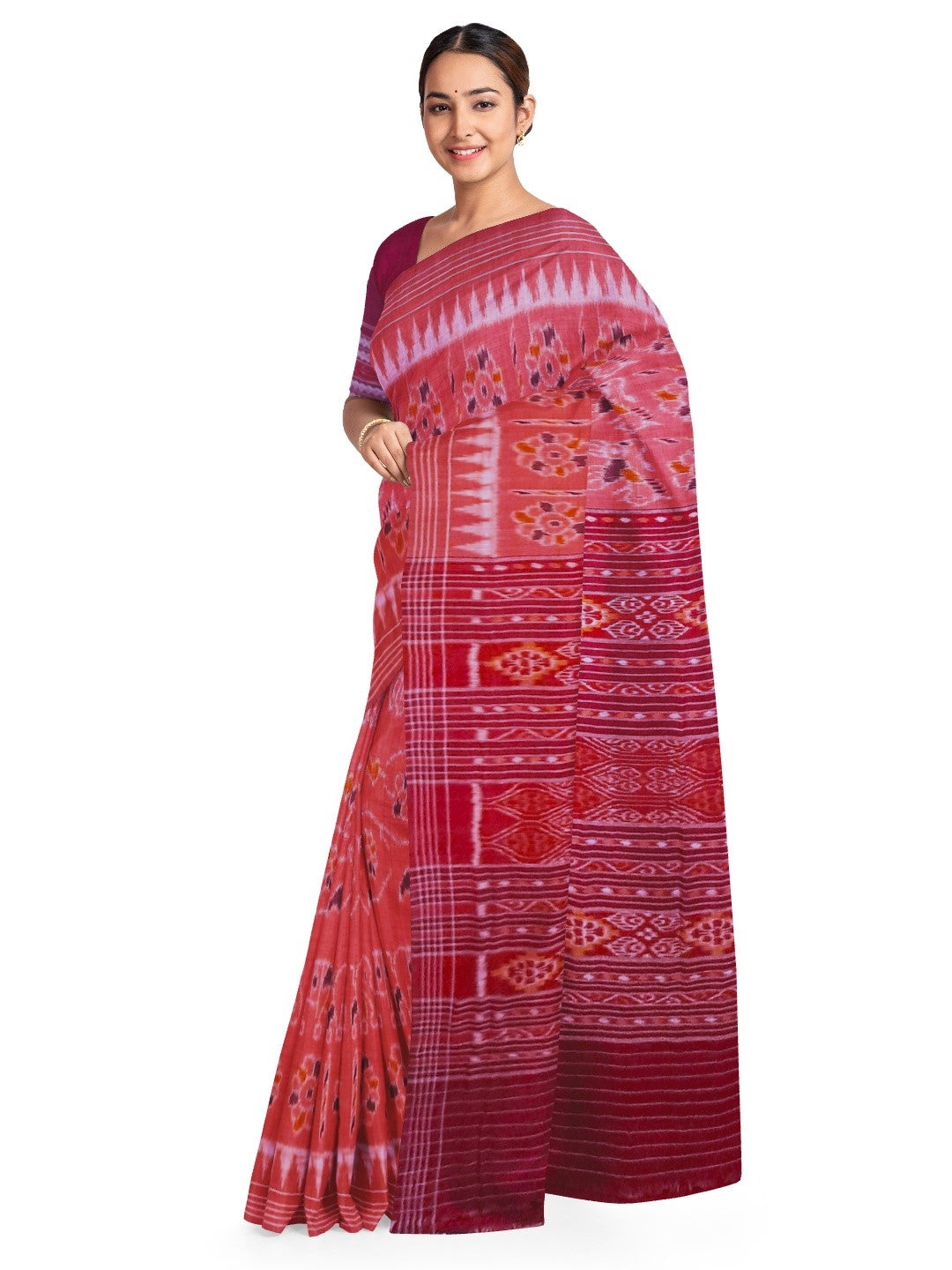 Pink with Maroon Cotton Odisha Ikat saree with mix match cotton ikat blouse piece