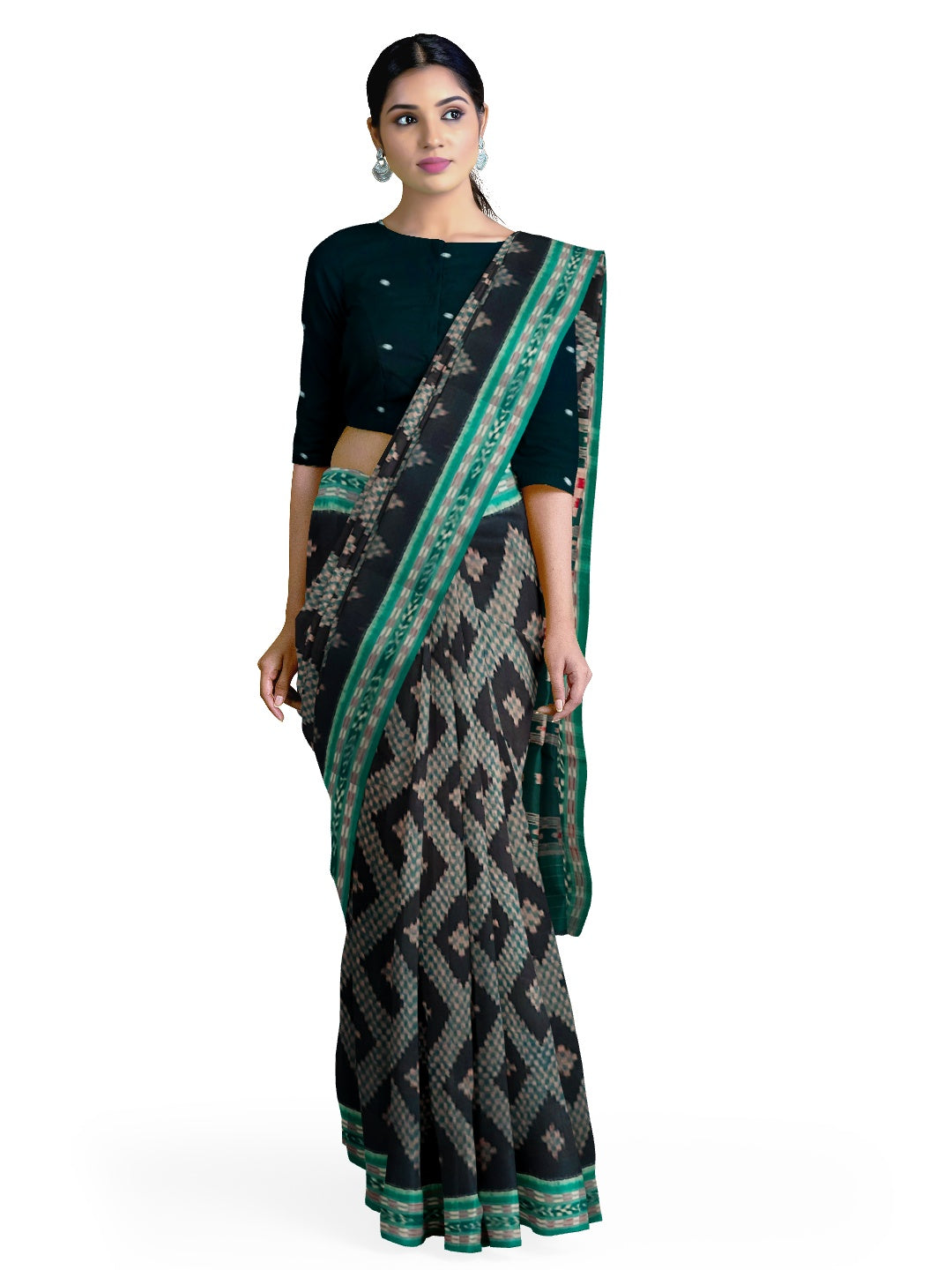 Black Cotton Tarabali Odisha Ikat saree with mix match cotton ikat blouse piece