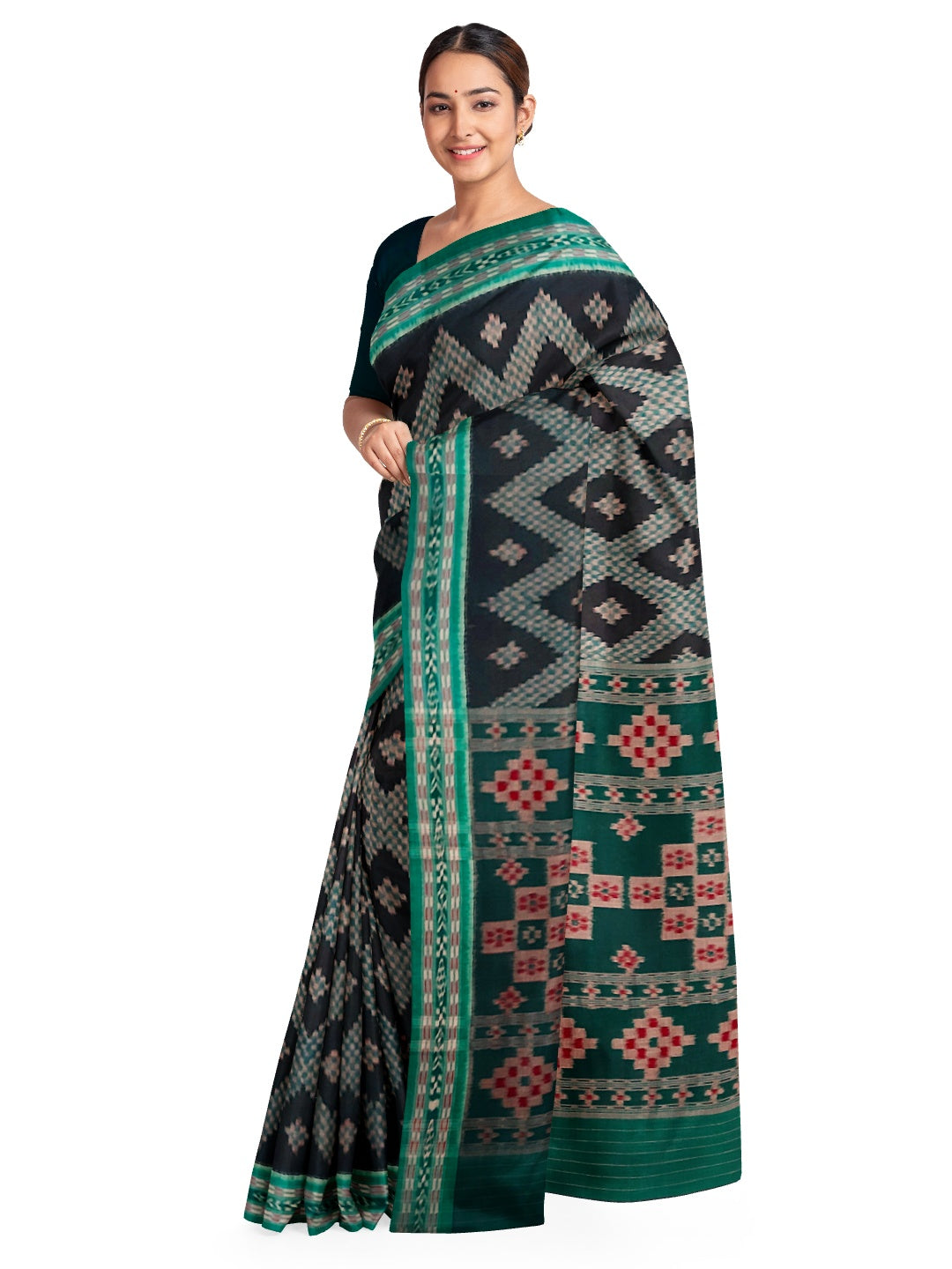 Black Cotton Tarabali Odisha Ikat saree with mix match cotton ikat blouse piece