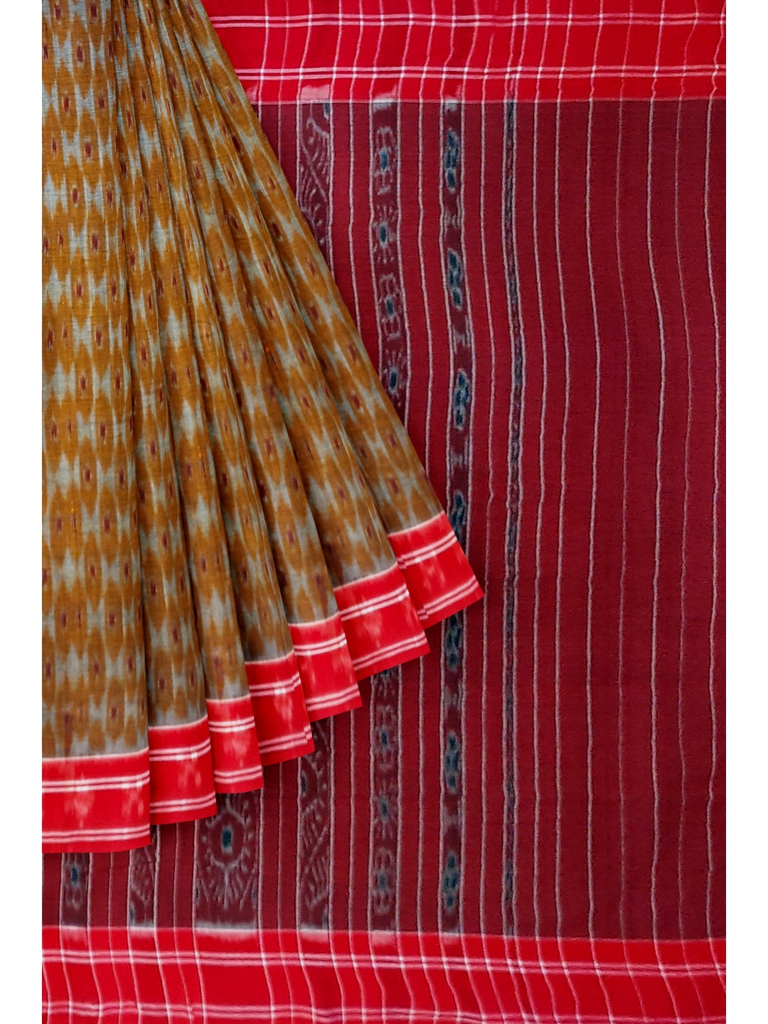 Mustard and Red Cotton Odisha Ikat saree  with mix match cotton ikat blouse piece