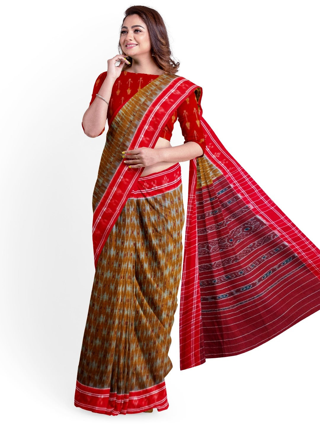 Mustard and Red Cotton Odisha Ikat saree  with mix match cotton ikat blouse piece