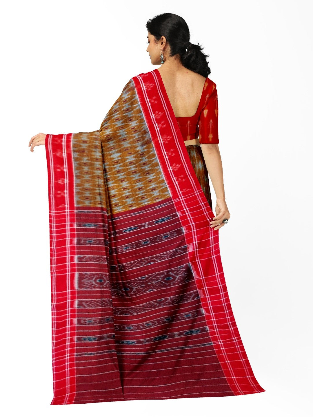 Mustard and Red Cotton Odisha Ikat saree  with mix match cotton ikat blouse piece