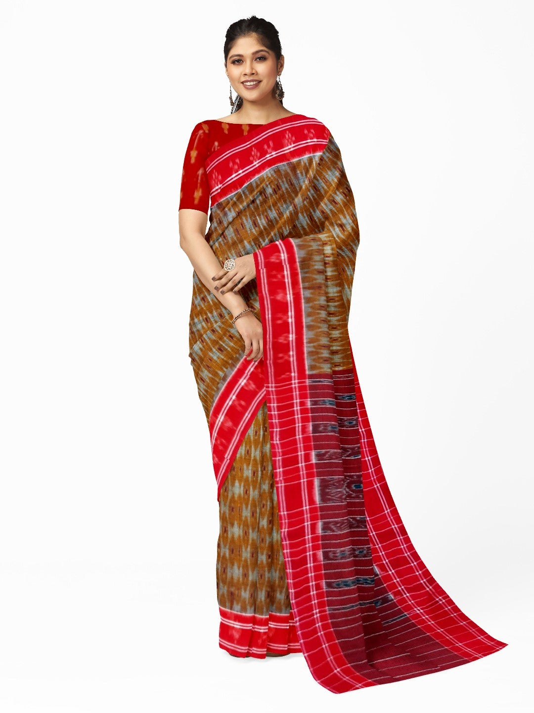Mustard and Red Cotton Odisha Ikat saree  with mix match cotton ikat blouse piece