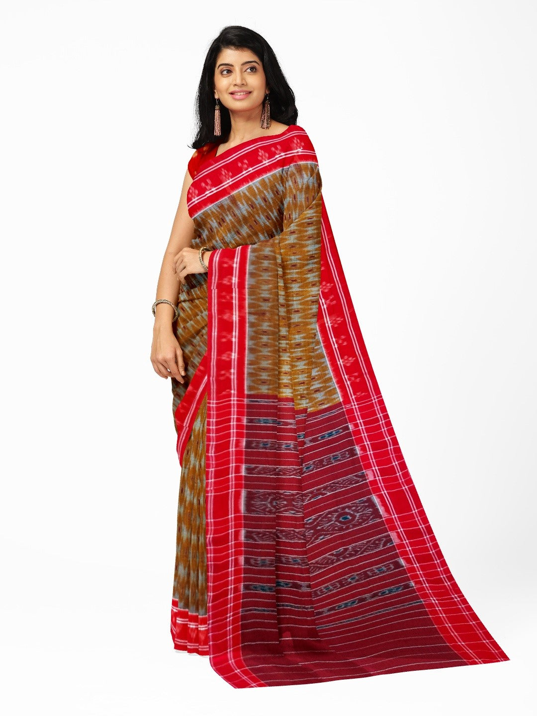 Mustard and Red Cotton Odisha Ikat saree  with mix match cotton ikat blouse piece