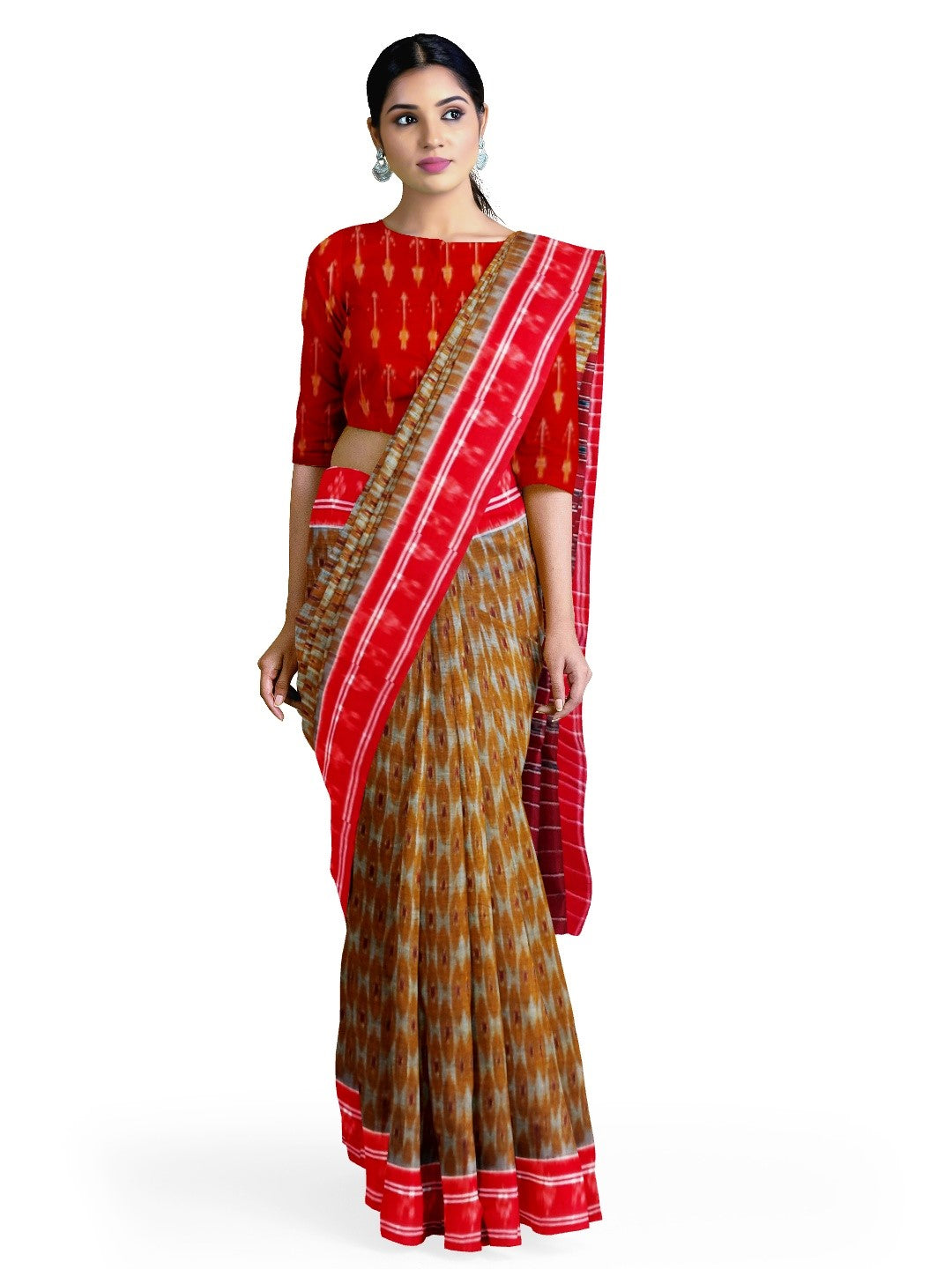 Mustard and Red Cotton Odisha Ikat saree  with mix match cotton ikat blouse piece