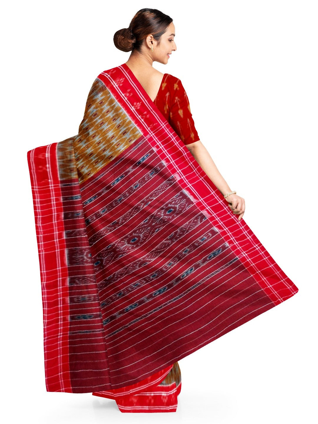 Mustard and Red Cotton Odisha Ikat saree  with mix match cotton ikat blouse piece