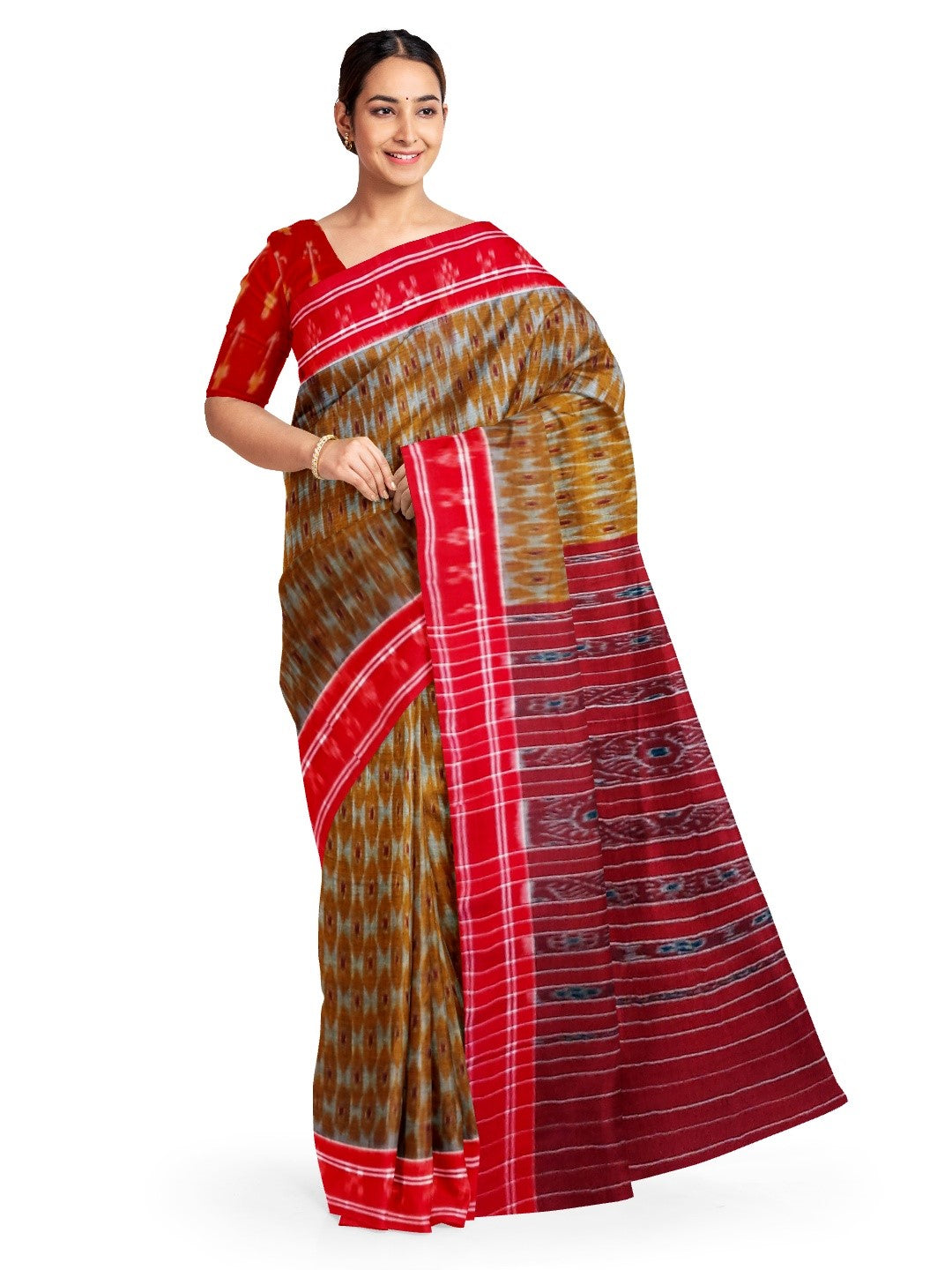 Mustard and Red Cotton Odisha Ikat saree  with mix match cotton ikat blouse piece