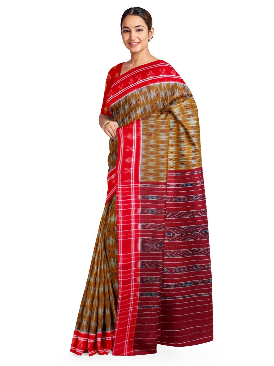 Mustard and Red Cotton Odisha Ikat saree  with mix match cotton ikat blouse piece