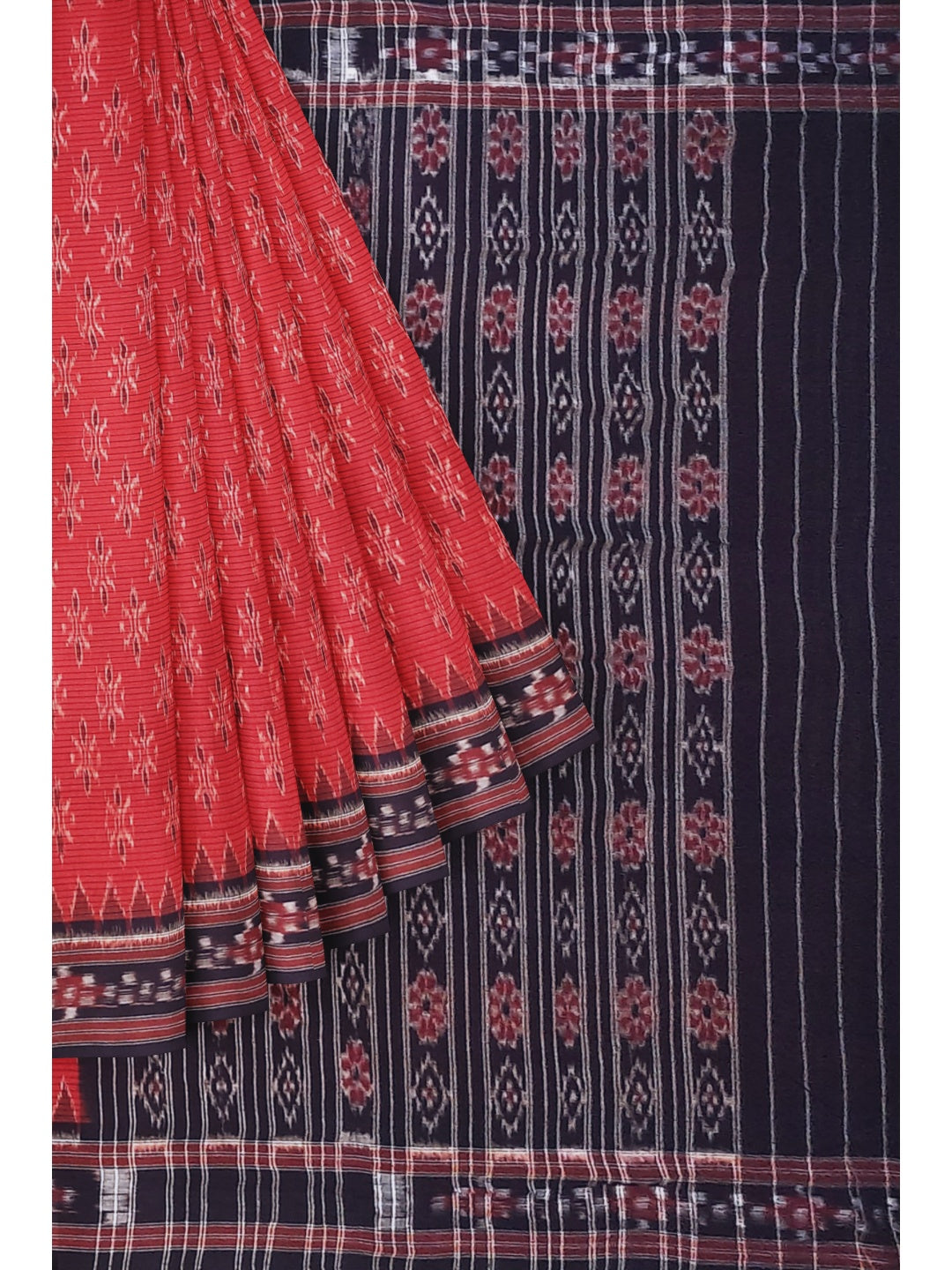 Red with Black Cotton Odisha Ikat saree with cotton ikat blouse piece