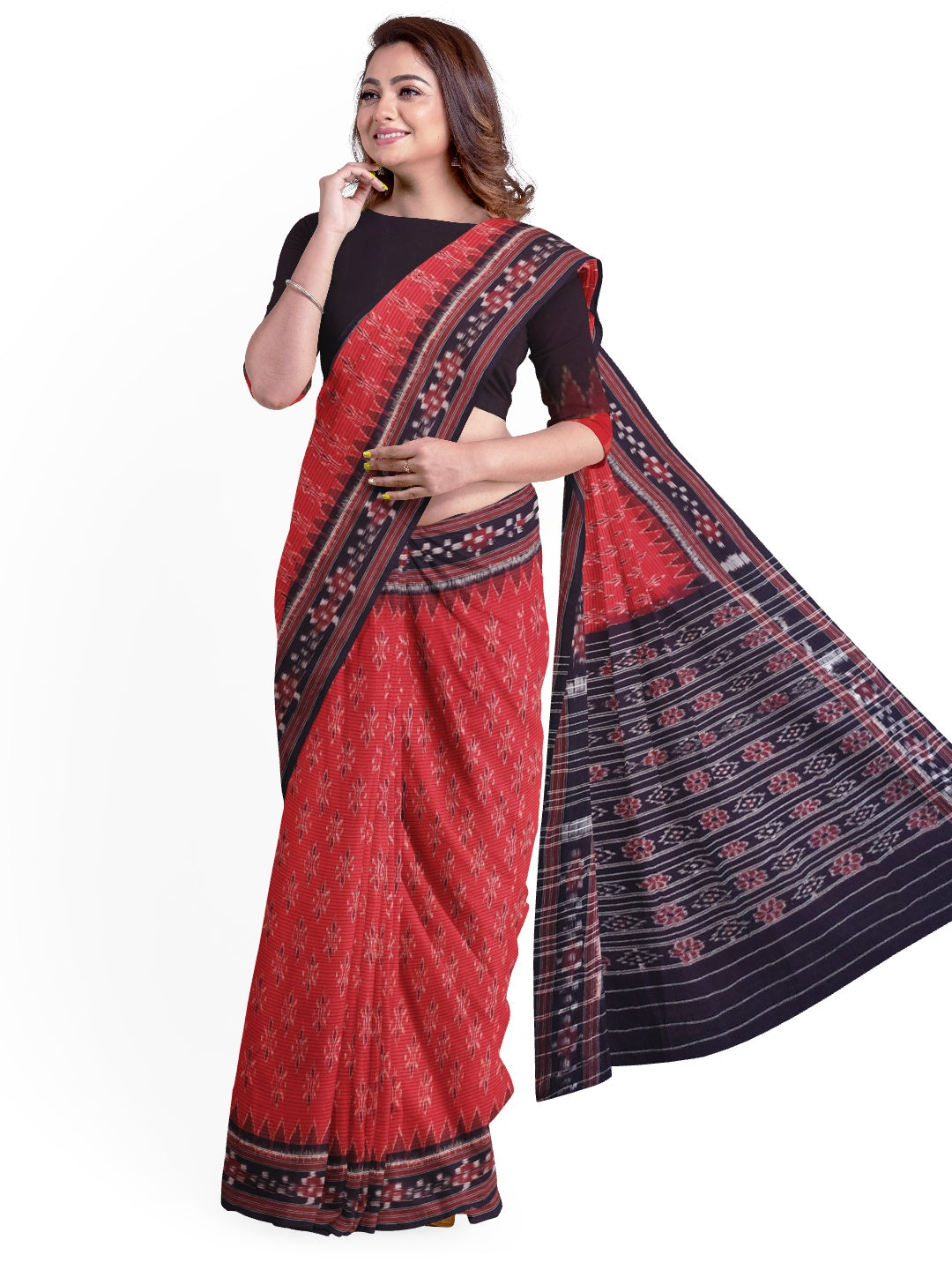 Red with Black Cotton Odisha Ikat saree with cotton ikat blouse piece