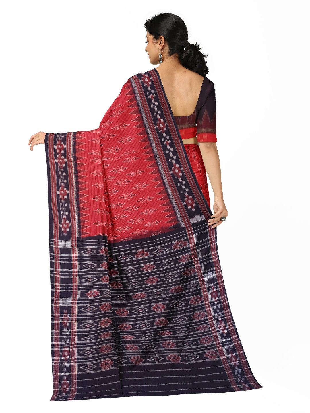 Red with Black Cotton Odisha Ikat saree with cotton ikat blouse piece