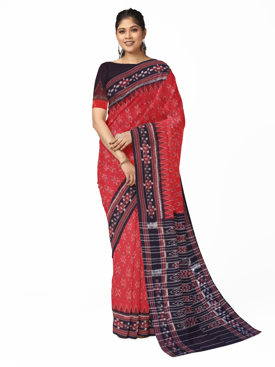 Red with Black Cotton Odisha Ikat saree with cotton ikat blouse piece