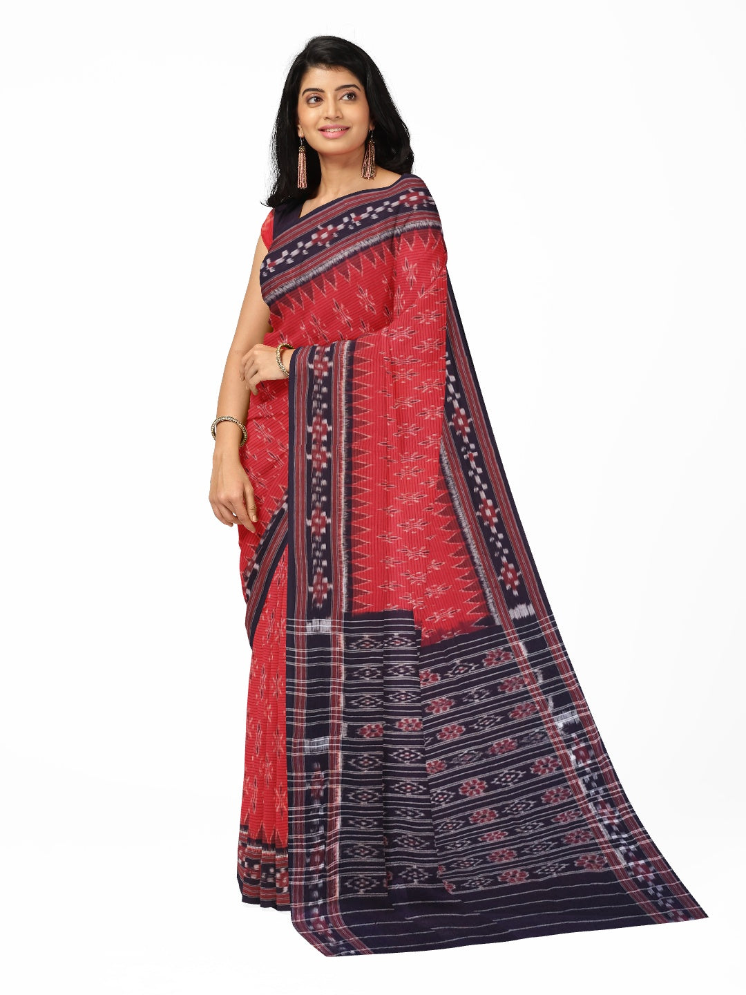 Red with Black Cotton Odisha Ikat saree with cotton ikat blouse piece
