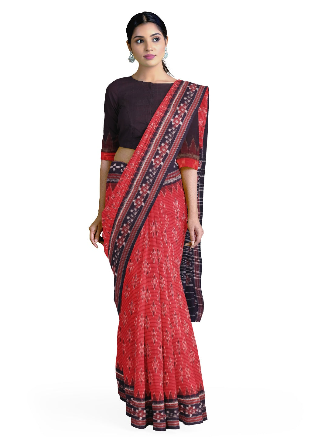 Red with Black Cotton Odisha Ikat saree with cotton ikat blouse piece