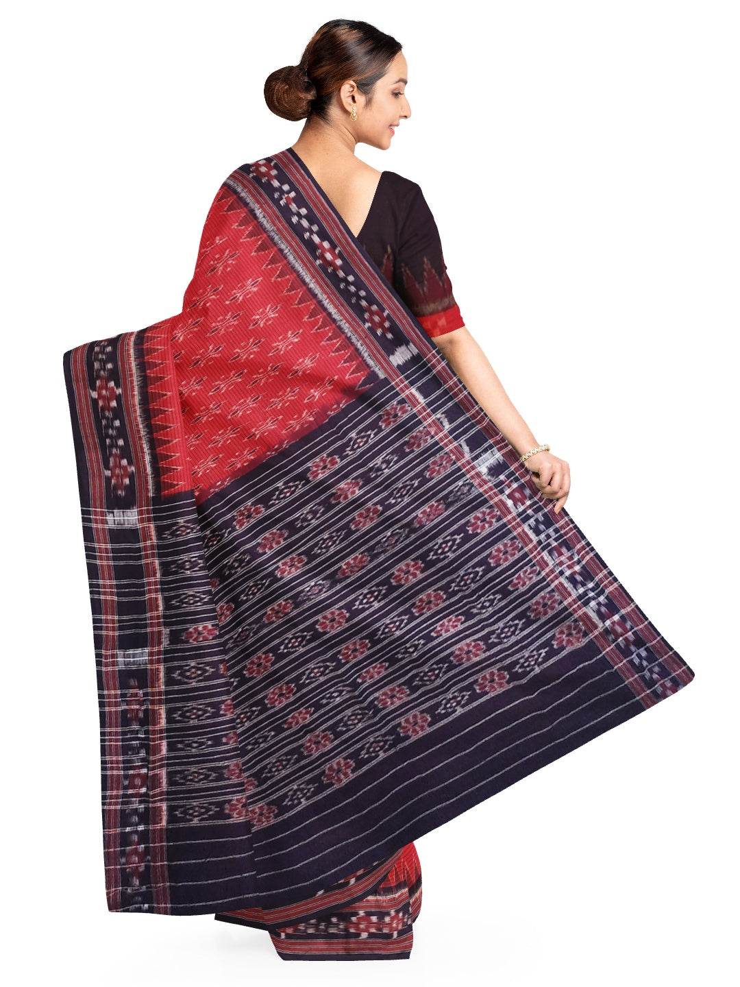 Red with Black Cotton Odisha Ikat saree with cotton ikat blouse piece