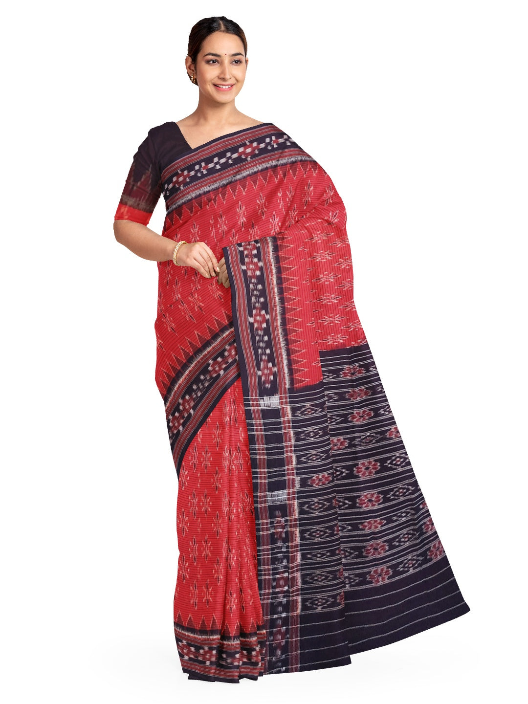 Red with Black Cotton Odisha Ikat saree with cotton ikat blouse piece
