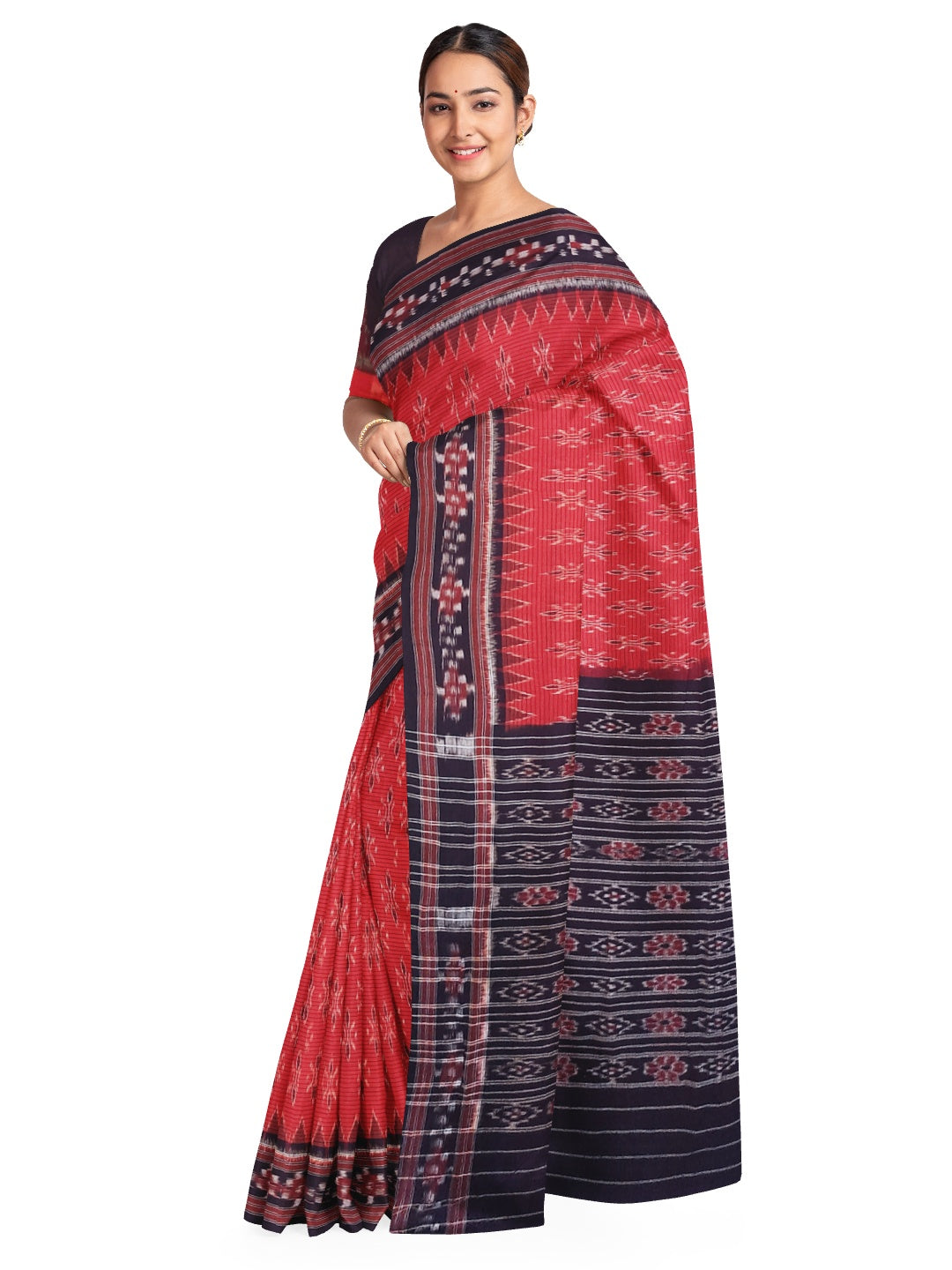 Red with Black Cotton Odisha Ikat saree with cotton ikat blouse piece