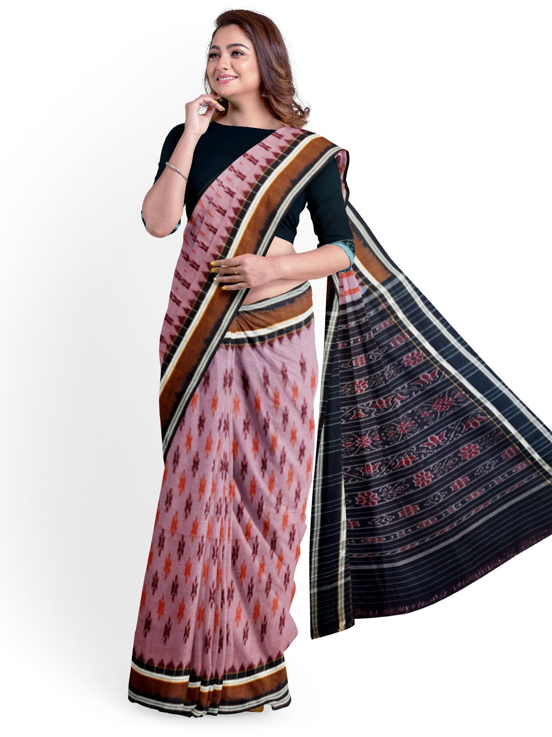 Pink Cotton Odisha Ikat saree  with mix match cotton ikat blouse piece