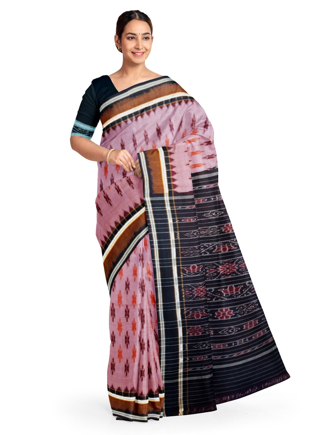 Pink Cotton Odisha Ikat saree  with mix match cotton ikat blouse piece