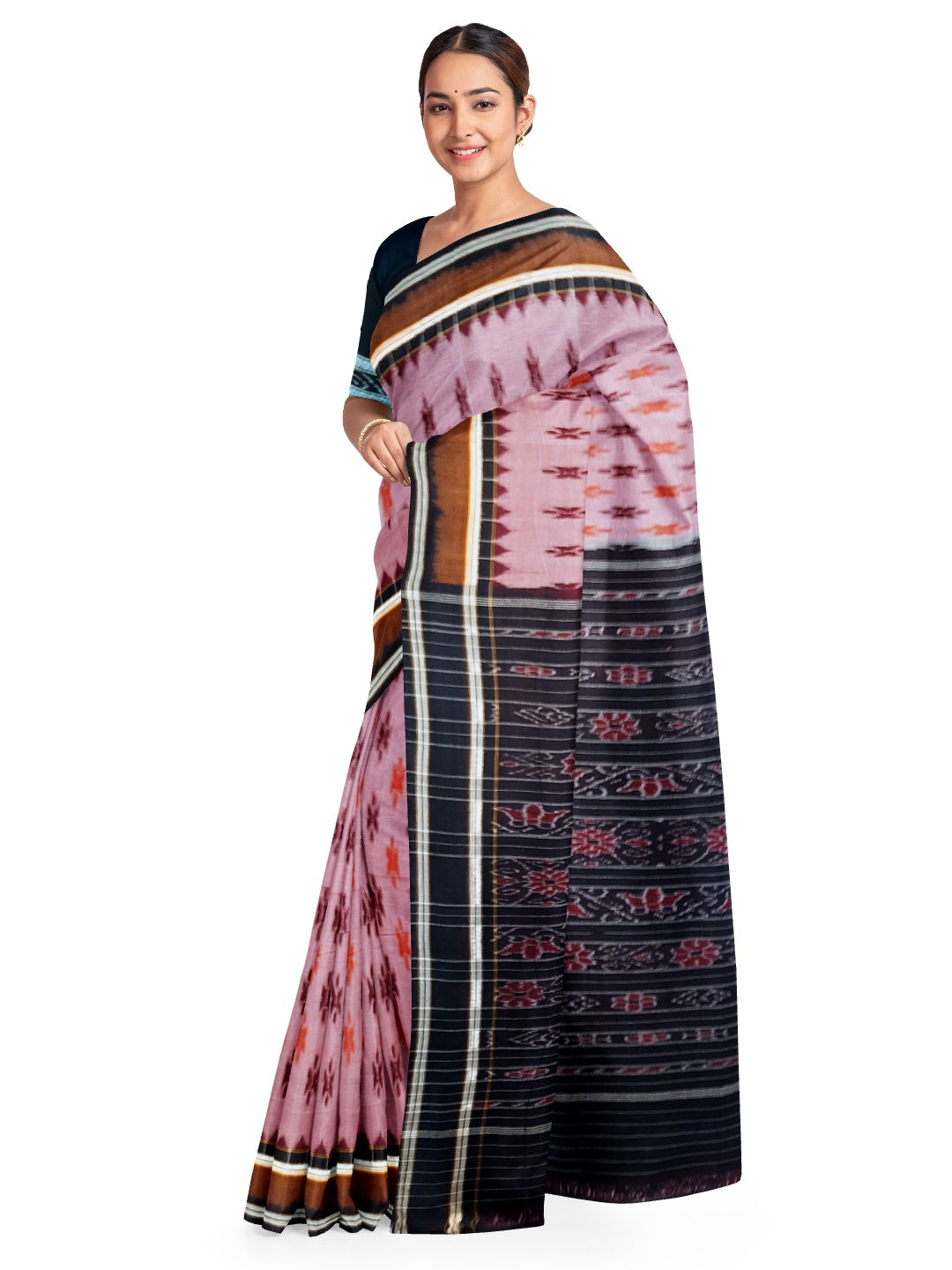 Pink Cotton Odisha Ikat saree  with mix match cotton ikat blouse piece