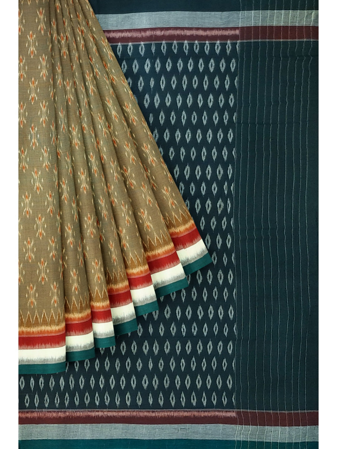 OliveGreen Cotton Odisha Ikat saree  with mix match cotton ikat blouse piece