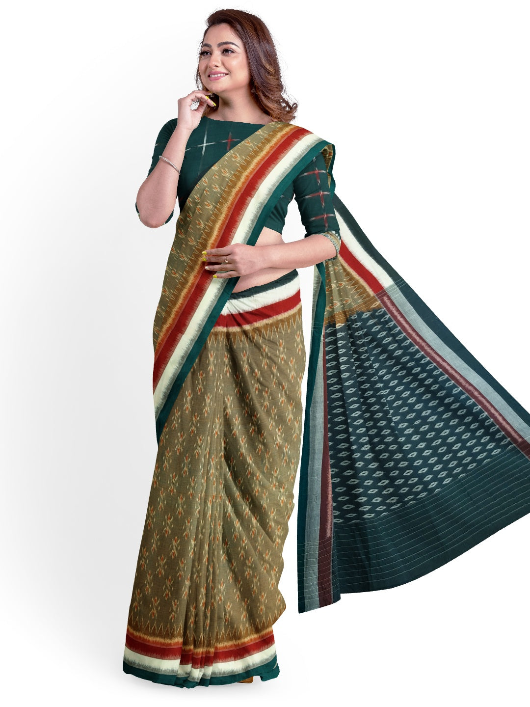 OliveGreen Cotton Odisha Ikat saree  with mix match cotton ikat blouse piece