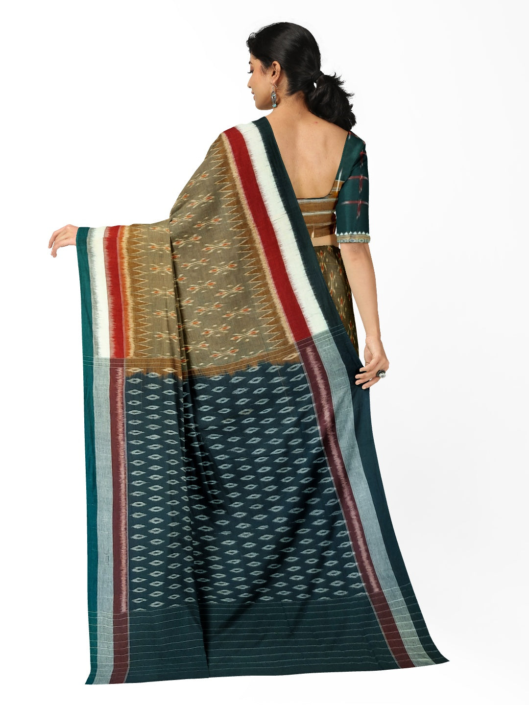 OliveGreen Cotton Odisha Ikat saree  with mix match cotton ikat blouse piece