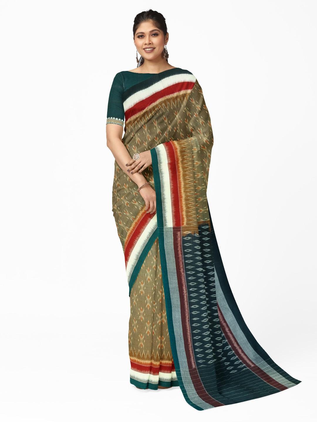 OliveGreen Cotton Odisha Ikat saree  with mix match cotton ikat blouse piece
