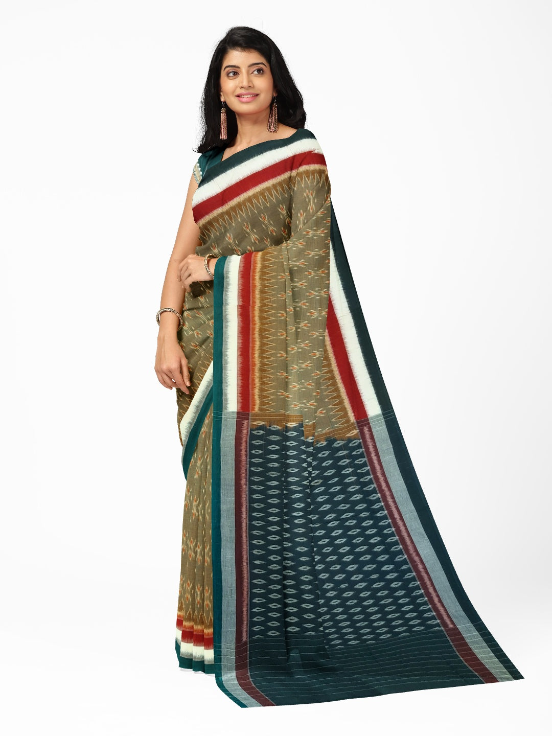 OliveGreen Cotton Odisha Ikat saree  with mix match cotton ikat blouse piece