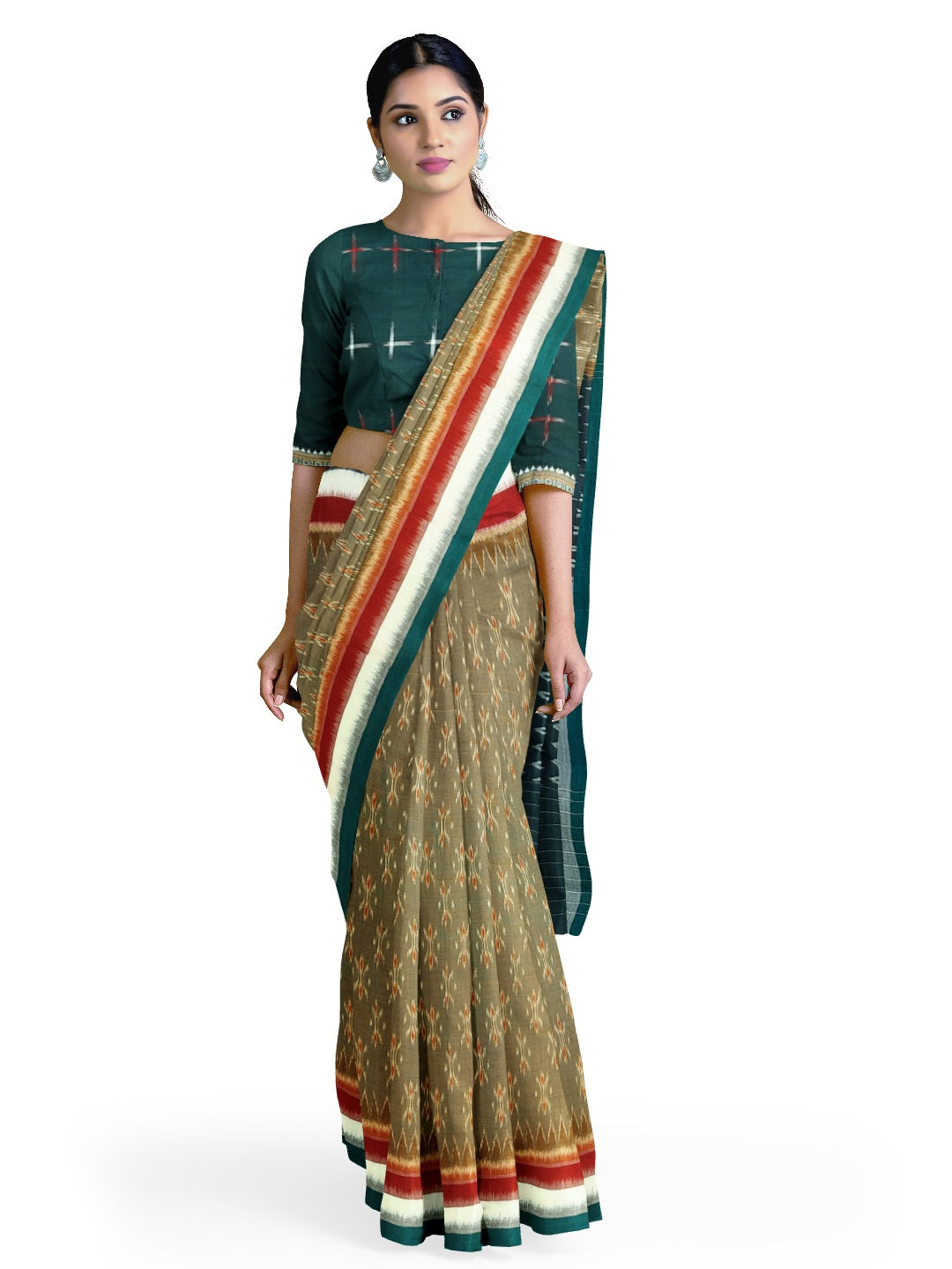 OliveGreen Cotton Odisha Ikat saree  with mix match cotton ikat blouse piece