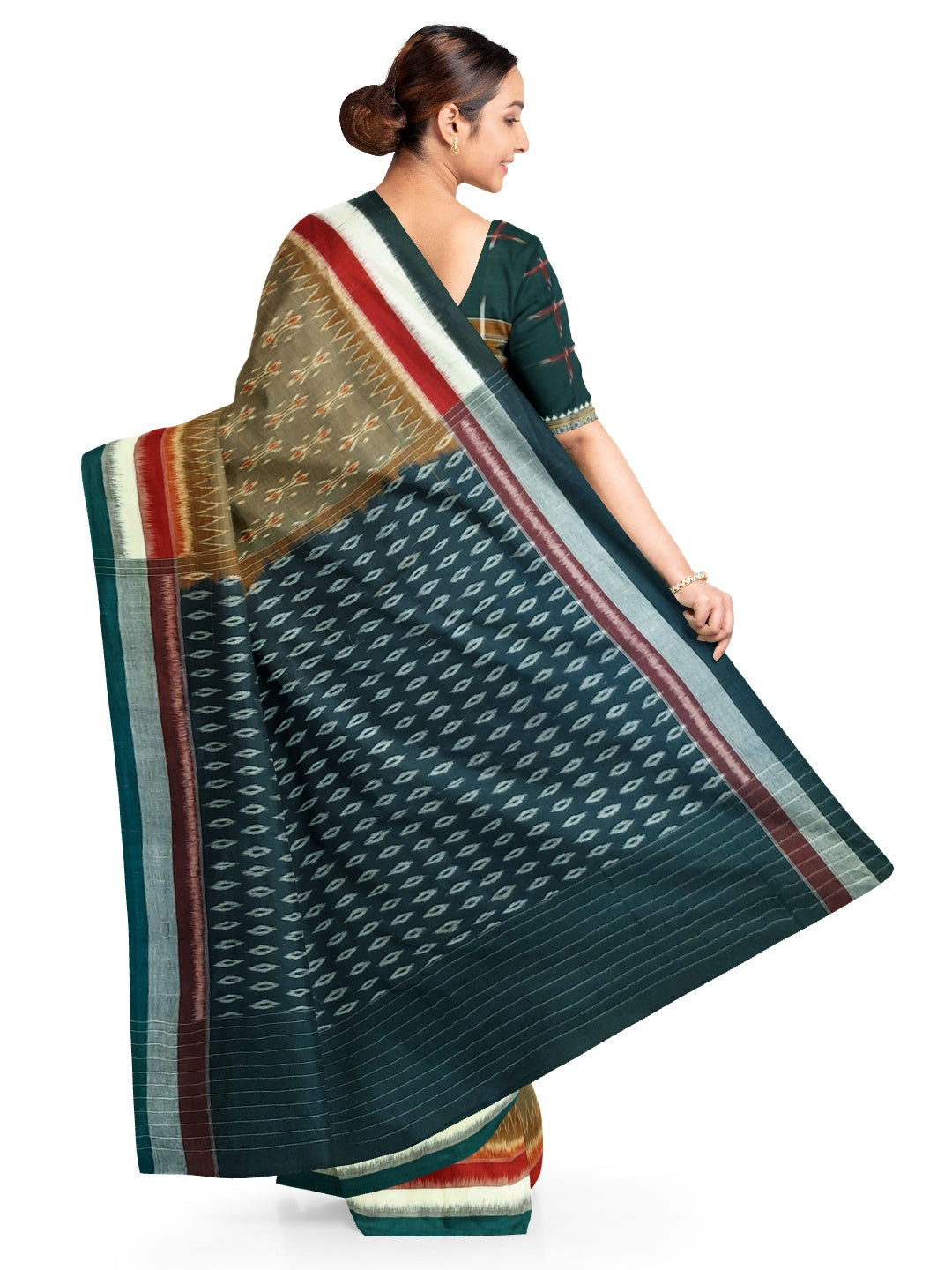 OliveGreen Cotton Odisha Ikat saree  with mix match cotton ikat blouse piece