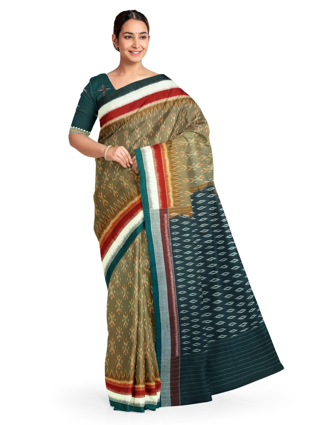 OliveGreen Cotton Odisha Ikat saree  with mix match cotton ikat blouse piece