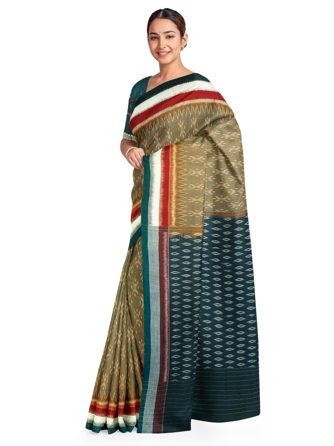 OliveGreen Cotton Odisha Ikat saree  with mix match cotton ikat blouse piece