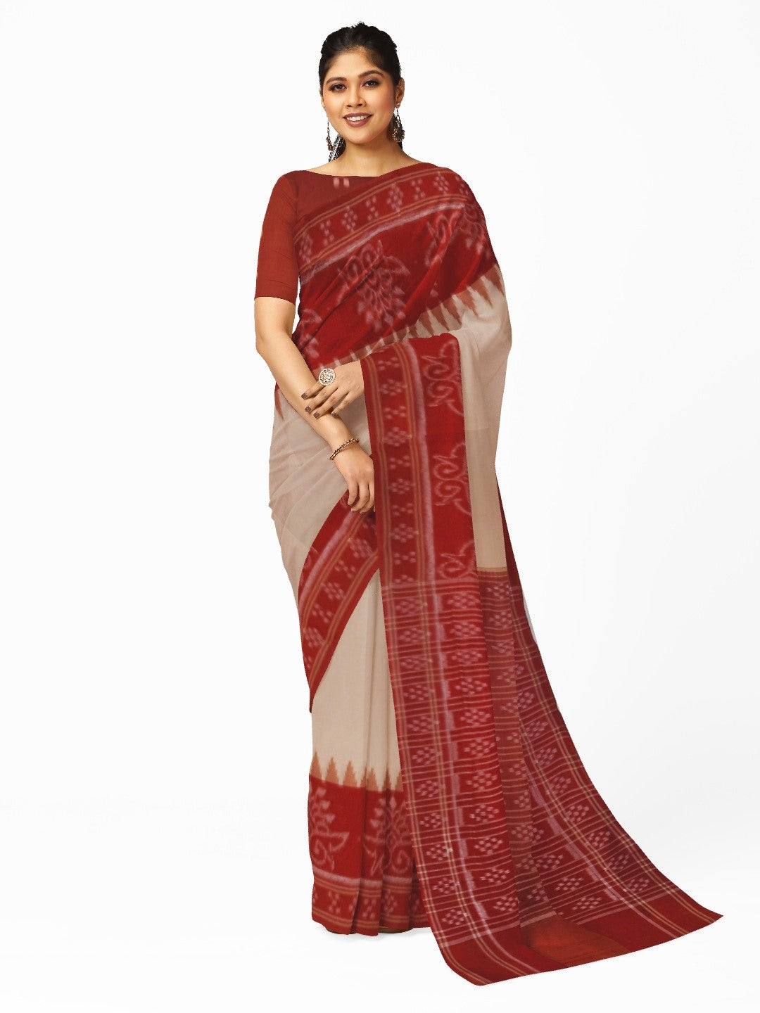 Beige wide border Cotton Odisha Ikat saree with mix match cotton ikat blouse piece