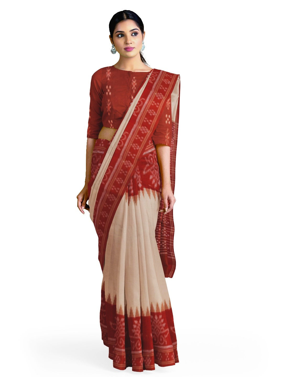 Beige wide border Cotton Odisha Ikat saree with mix match cotton ikat blouse piece