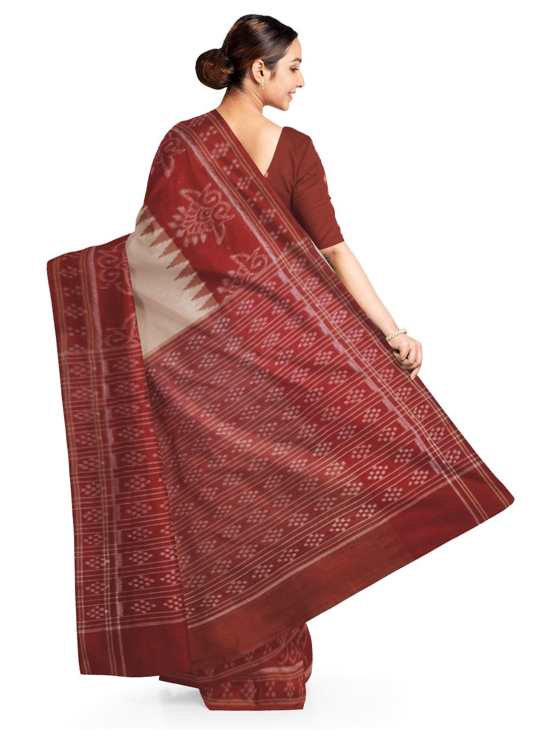 Beige wide border Cotton Odisha Ikat saree with mix match cotton ikat blouse piece