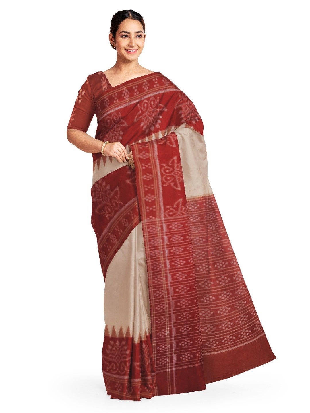 Beige wide border Cotton Odisha Ikat saree with mix match cotton ikat blouse piece