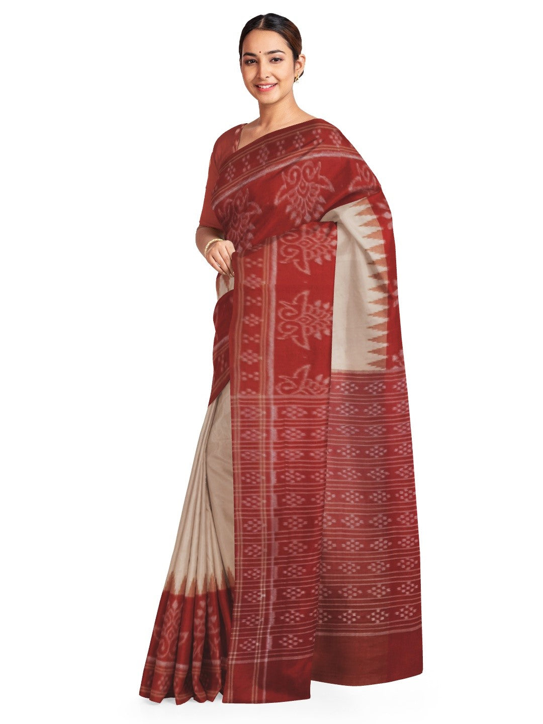 Beige wide border Cotton Odisha Ikat saree with mix match cotton ikat blouse piece