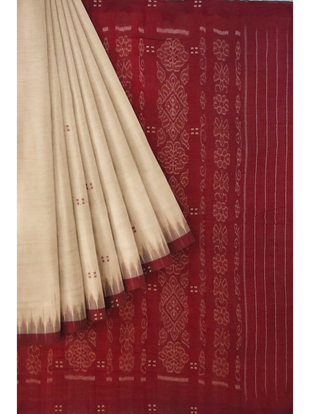 Beige with Maroon Cotton Odisha Ikat saree with mix match cotton ikat blouse
