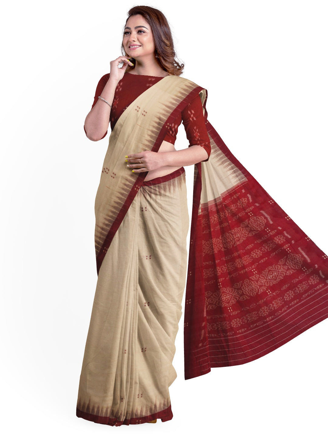 Beige with Maroon Cotton Odisha Ikat saree with mix match cotton ikat blouse